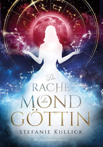 Das Cover zeigt mittig eine leuchtende Frauensilhouette in einem leuchtenden ausladenden Ballkleid, vor einem Sternenhimmel. Hinter ihrem Kopf ist ein roter Mond und darum ein goldener Ring aus Tierkreiszeichen. Verschiedene Sternbilder sind auf dem ganzen Cover verteilt. Der Titel und die Autorin stehen in goldener Schrift auf dem Ballkleid.
